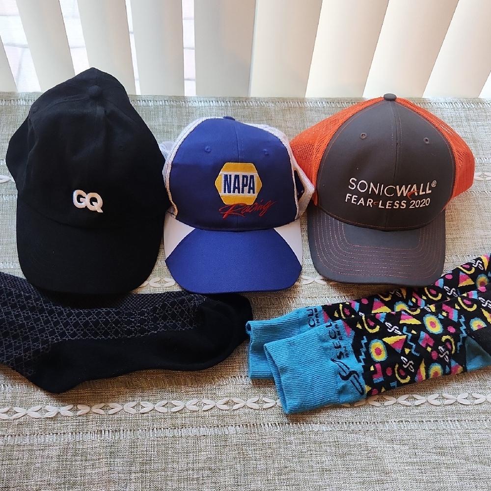 Men's Napa Racing Chase Elliott Hat, And 2 Other hats, Also Two Pairs Of Socks